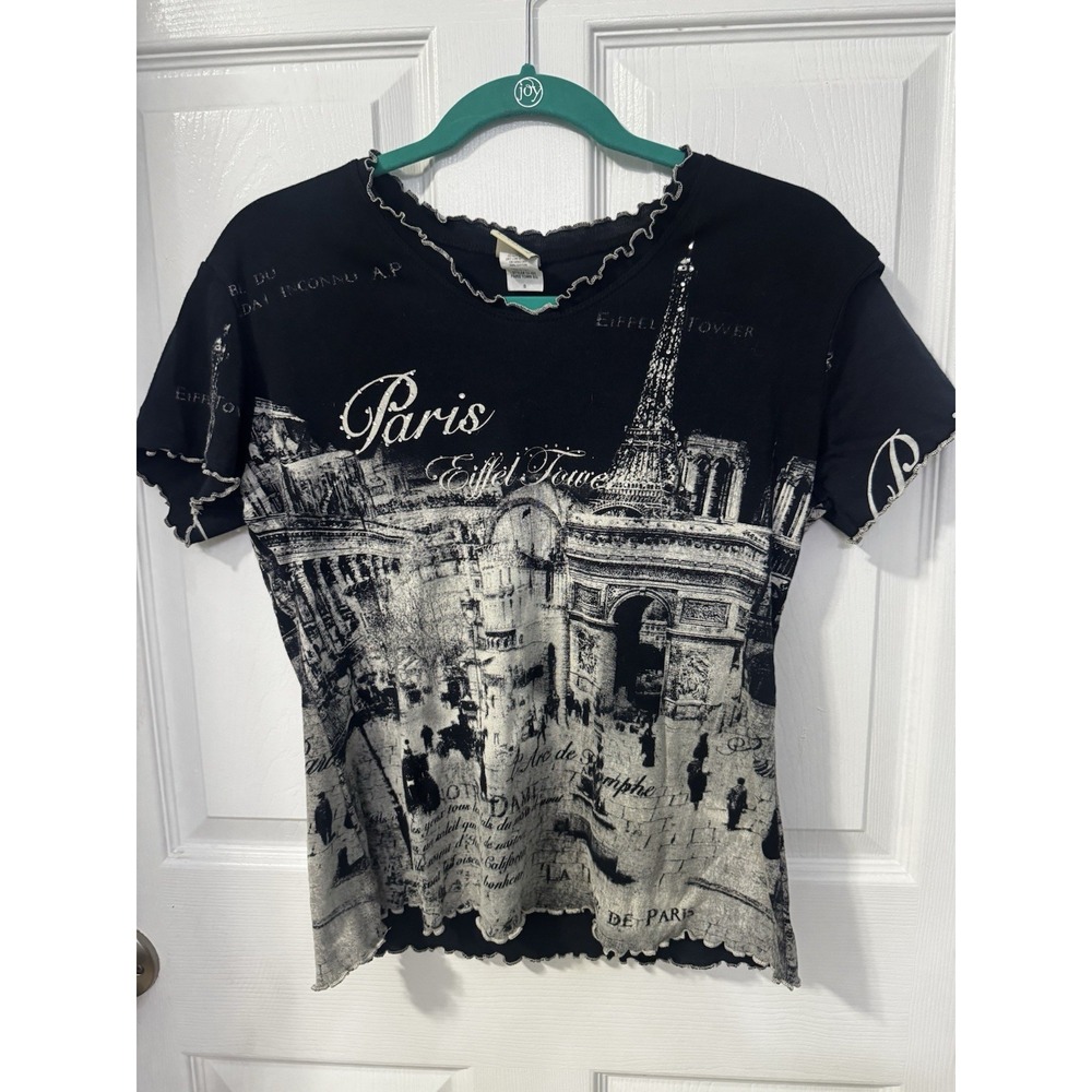 Jess & Jane Women's S Paris Eiffel Tower Graphic Black Shirt Lettuce Hem Y2K